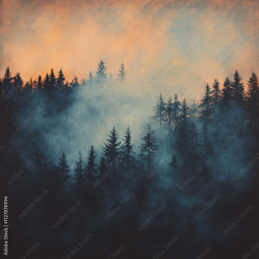 Naklejka premium Dramatic Forest Fire Smoke at Dusk with Orange Sky and Trees