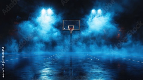 Wallpaper Mural Illuminated basketball court with hoop and dramatic blue smoke under spotlights in a dark urban setting Torontodigital.ca