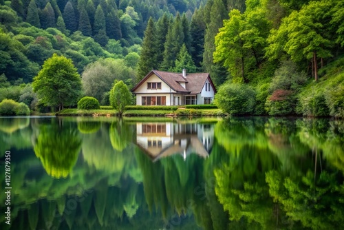 Serene Reflection of a Cozy House by the Tranquil Lake Amidst Lush Greenery in a Minimalist Style, Perfect for Capturing Peaceful Nature Vibes and Home Aesthetics