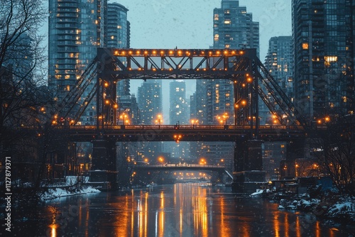 A tall city bridge with twinkling lights in the evening, surrounded by tall buildings, the lights create a beau, Generative AI 