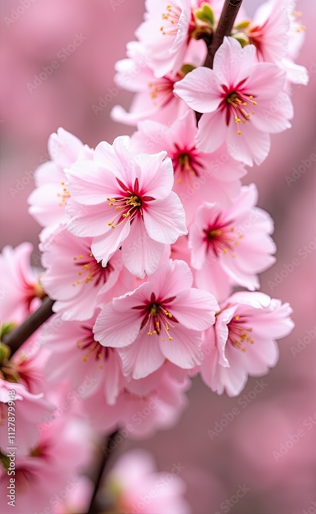 A cluster of delicate pink cherry blossoms in full bloom bathed in soft sunlight. A cluster of delicate pink cherry blossoms in full bloom bathed in soft sunlight.