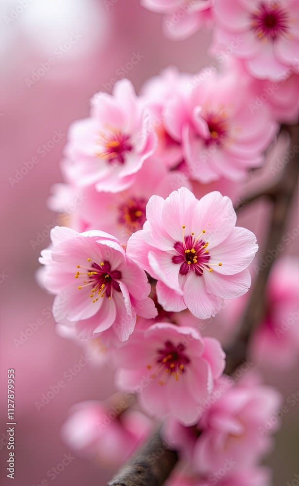 A cluster of delicate pink cherry blossoms in full bloom bathed in soft sunlight. A cluster of delicate pink cherry blossoms in full bloom bathed in soft sunlight.