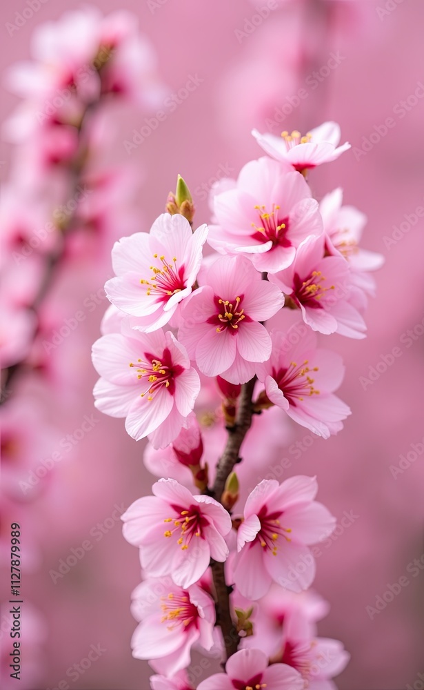 A cluster of delicate pink cherry blossoms in full bloom bathed in soft sunlight. A cluster of delicate pink cherry blossoms in full bloom bathed in soft sunlight.