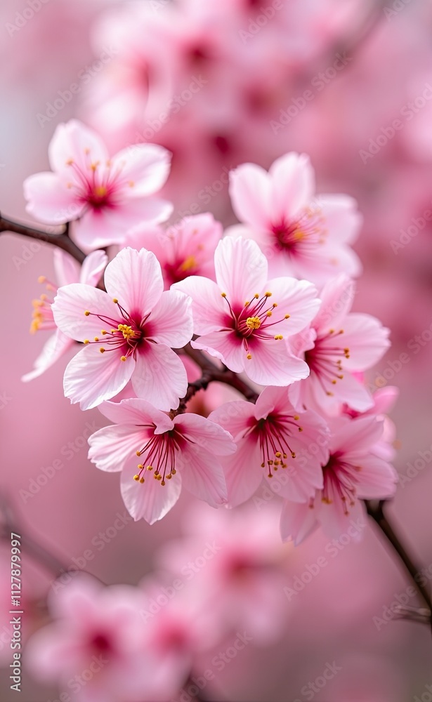A cluster of delicate pink cherry blossoms in full bloom bathed in soft sunlight. A cluster of delicate pink cherry blossoms in full bloom bathed in soft sunlight.
