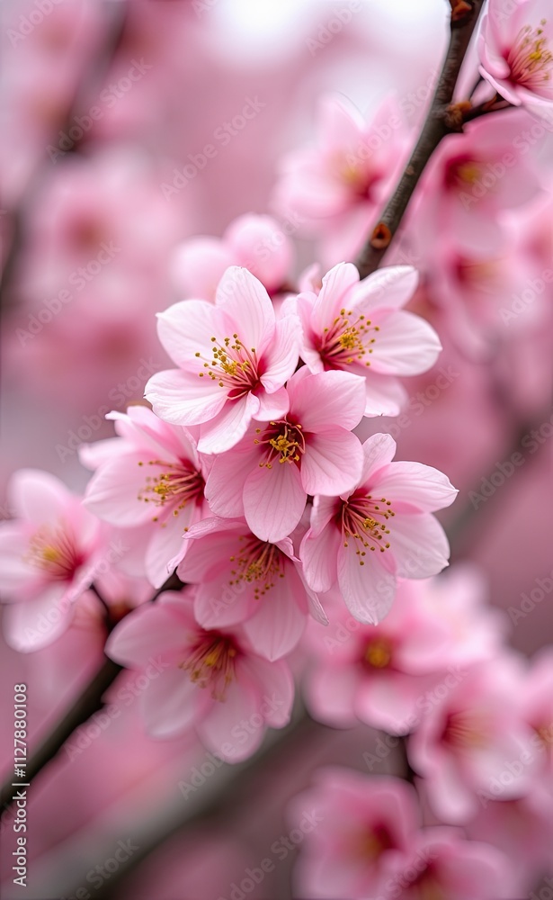 A cluster of delicate pink cherry blossoms in full bloom bathed in soft sunlight. A cluster of delicate pink cherry blossoms in full bloom bathed in soft sunlight.