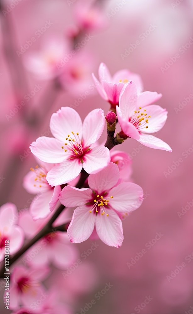A cluster of delicate pink cherry blossoms in full bloom bathed in soft sunlight. A cluster of delicate pink cherry blossoms in full bloom bathed in soft sunlight.