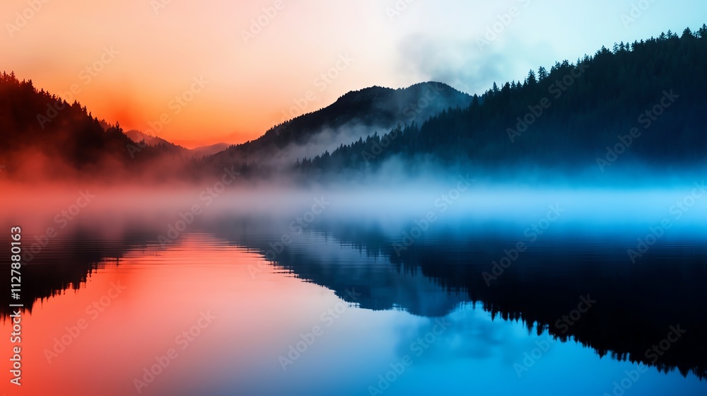 Fototapeta premium A serene lake reflects vibrant hues of red and blue at sunset, framed by misty mountains, creating a tranquil and picturesque landscape.
