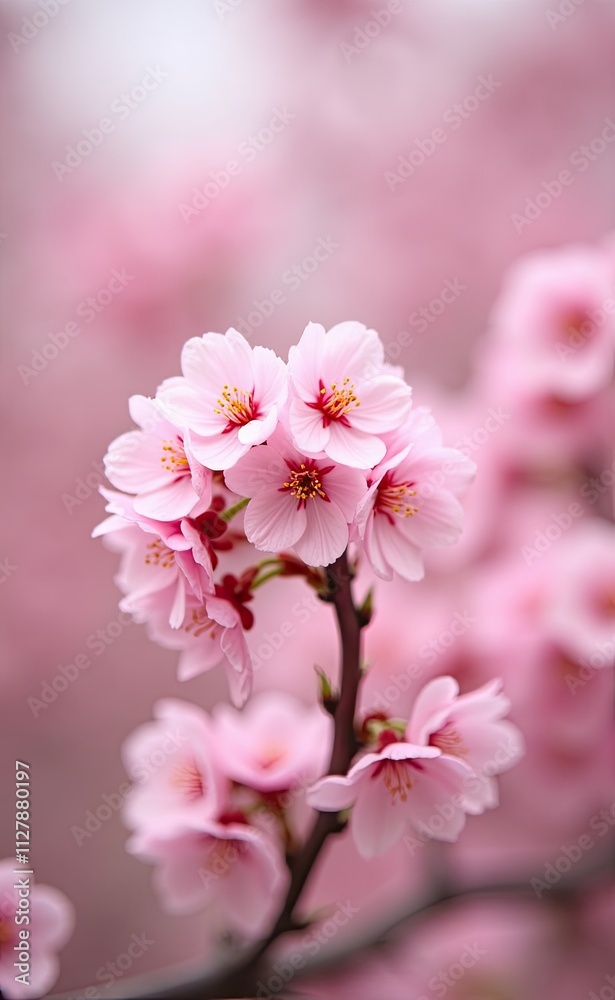 A cluster of delicate pink cherry blossoms in full bloom bathed in soft sunlight. A cluster of delicate pink cherry blossoms in full bloom bathed in soft sunlight.