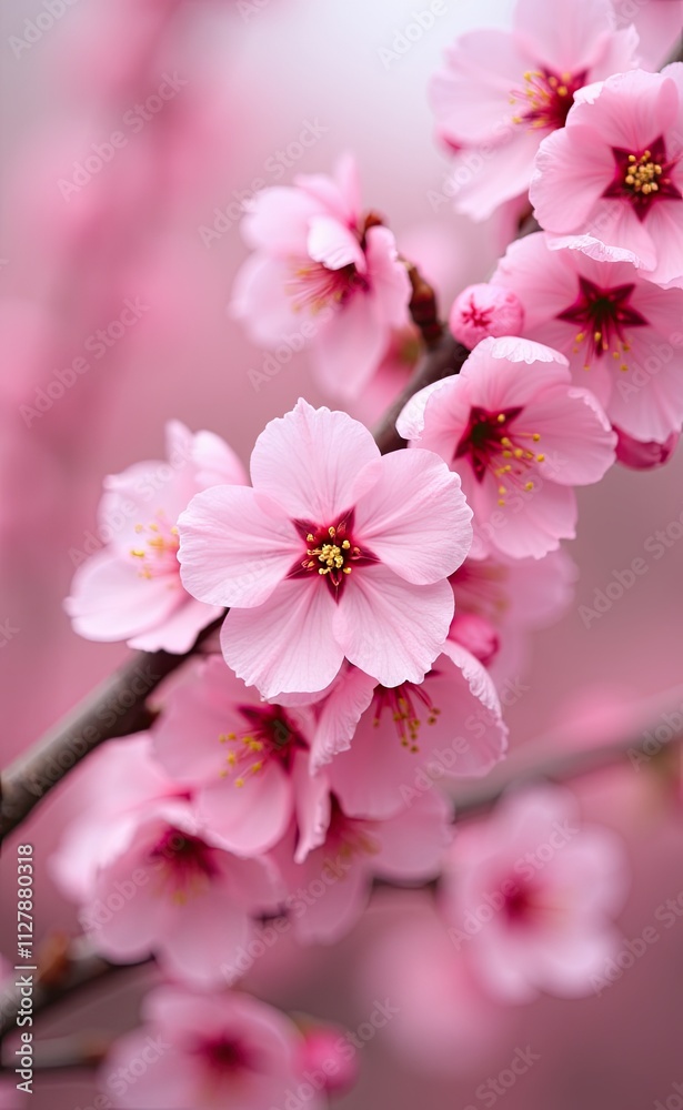 A cluster of delicate pink cherry blossoms in full bloom bathed in soft sunlight. A cluster of delicate pink cherry blossoms in full bloom bathed in soft sunlight.