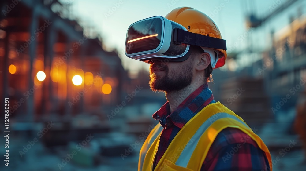 Worker in Safety Gear Using VR Technology on Construction Site Worker in Safety Gear Using VR Technology on Construction Site