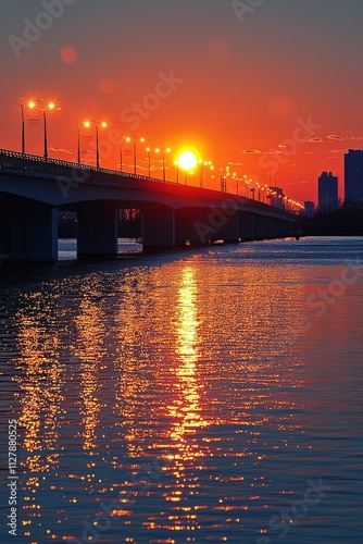 A city bridge at sunset, with the last rays of the sun reflecting off the water, the bridge lights slowly begin, Generative AI 