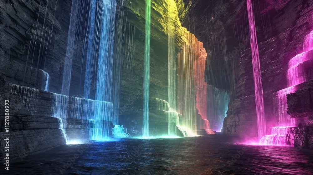 A surreal canyon with walls made of cascading waterfalls, each waterfall glowing in different colors, creating a mesmerizing rainbow effect. 32k, full ultra hd, high resolution A surreal canyon with walls made of cascading waterfalls, each waterfall glowing in different colors, creating a mesmerizing rainbow effect. 32k, full ultra hd, high resolution