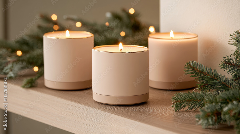 Cozy candles on wooden shelf create warm atmosphere, surrounded by greenery and soft lights, perfect for festive setting Cozy candles on wooden shelf create warm atmosphere, surrounded by greenery and soft lights, perfect for festive setting