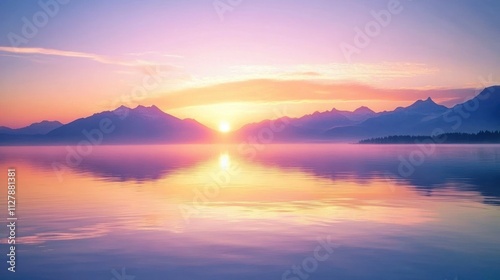 Serene sunrise over mountains reflecting in calm water.