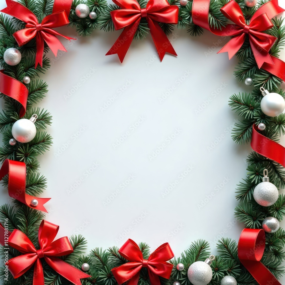 Christmas decoration frame with red ribbons, silver baubles on evergreen branches. Design features simple elegance. Frame isolates blank center for placement. Suitable for holiday cards, websites Christmas decoration frame with red ribbons, silver baubles on evergreen branches. Design features simple elegance. Frame isolates blank center for placement. Suitable for holiday cards, websites