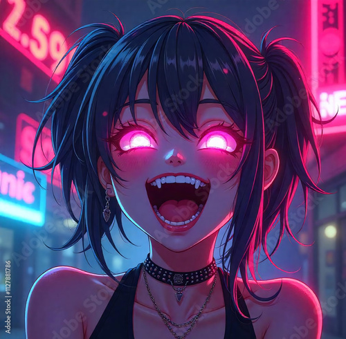 Happy Vampire Girl With Pink Glowing Eyes
