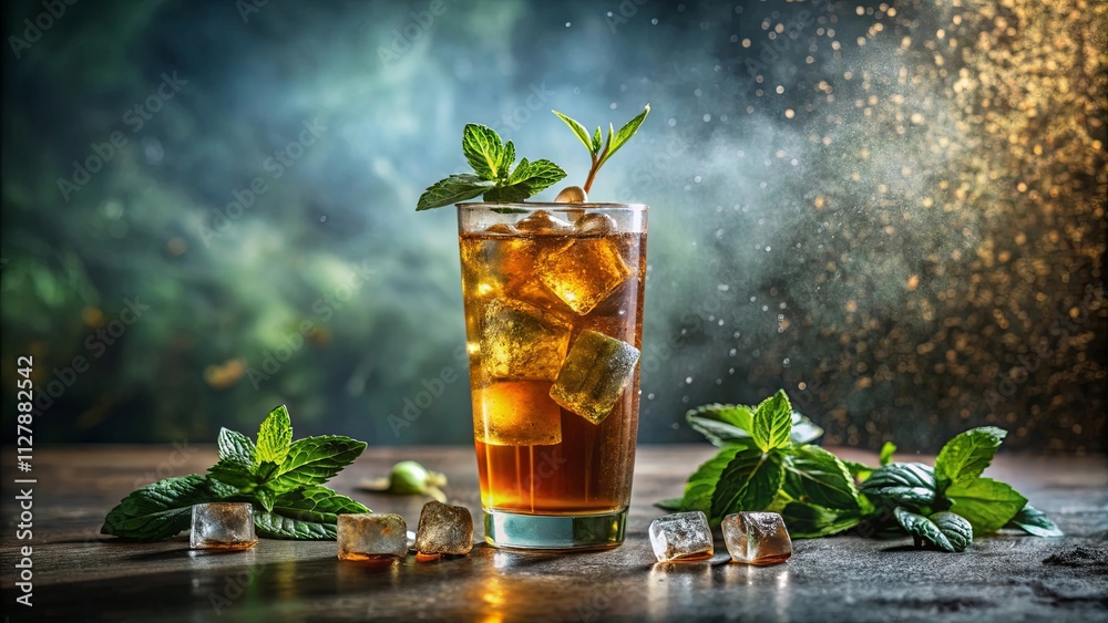 Refreshing Iced Tea with Mint Garnish and Ice Cubes on Dark Wooden Surface Refreshing Iced Tea with Mint Garnish and Ice Cubes on Dark Wooden Surface