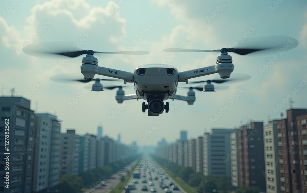 A surreal concept image of a surveillance camera with wings flying over a cityscape with blurred lights A surreal concept image of a surveillance camera with wings flying over a cityscape with blurred lights