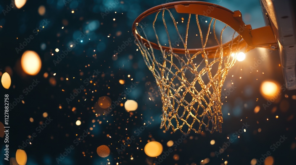 A close-up of a basketball hoop with shimmering lights in the background. A close-up of a basketball hoop with shimmering lights in the background.