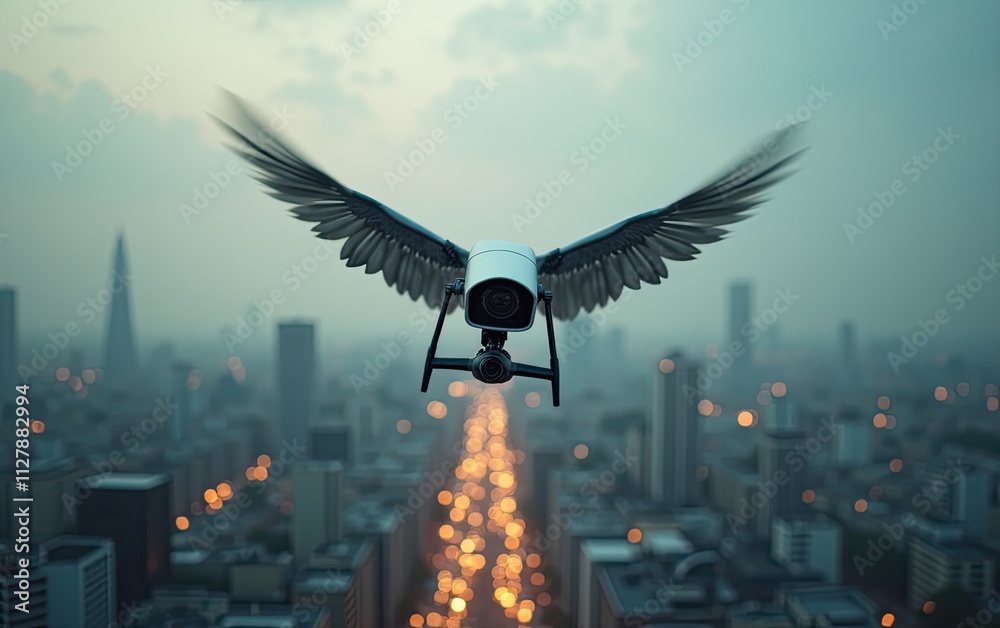 Obraz premium A surreal concept image of a surveillance camera with wings flying over a cityscape with blurred lights