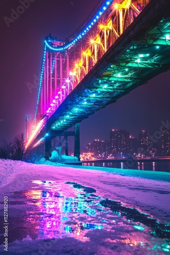 A city bridge glowing with multicolored lights on a cold winter night, the lights create a warm, inviting glow, Generative AI 