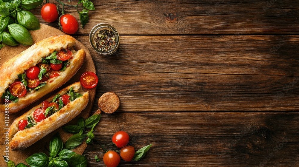 Fresh Basil and Tomato Sandwich on Wooden Table with Garnish