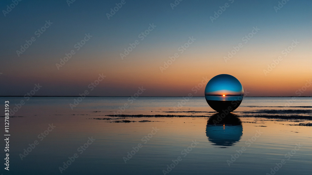 A minimalist scene with a single glowing sphere on a reflective surface A minimalist scene with a single glowing sphere on a reflective surface