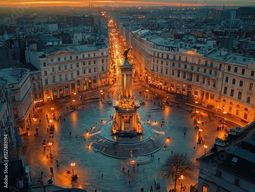 Aerial View of Renovated Lodz at Dusk