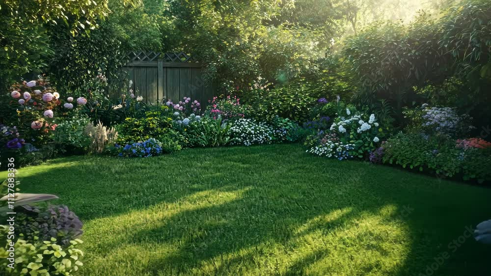 Lush garden blooms under warm sunlight in a serene backyard setting