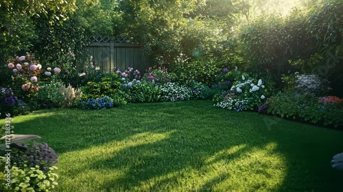 Lush garden blooms under warm sunlight in a serene backyard setting