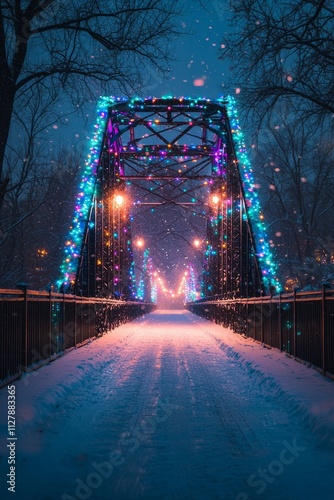 A city bridge glowing with multicolored lights on a cold winter night, the lights create a warm, inviting glow, Generative AI 