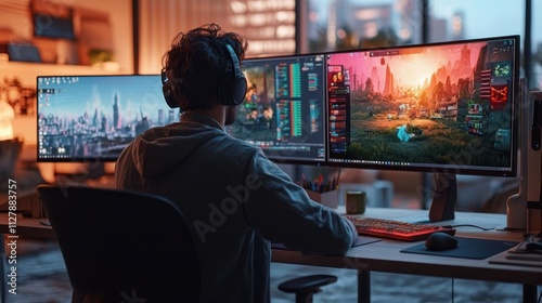 Indian Male Game Designer in Modern Office Using Desktop Computer with 3D Modelling Software for Video Game Development