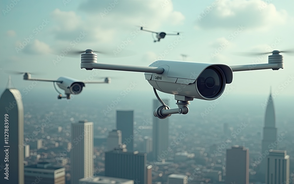 A surreal concept image of a surveillance camera with wings flying over a cityscape with blurred lights A surreal concept image of a surveillance camera with wings flying over a cityscape with blurred lights