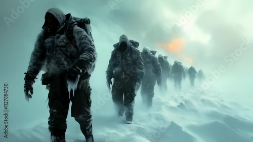 A group of climbers walking to the top of snow covered mountain, people traveling and hiking storm ice