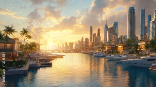 Wallpaper Mural Seaside city with marina and modern buildings, coastal vibe, golden hour, Torontodigital.ca