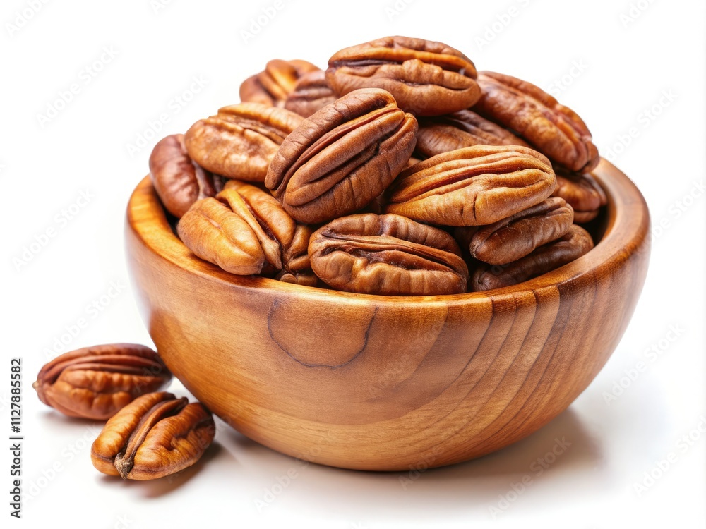 Crisp, white background showcases a wooden bowl brimming with perfectly peeled pecan nuts. High-resolution stock photo. Crisp, white background showcases a wooden bowl brimming with perfectly peeled pecan nuts. High-resolution stock photo.