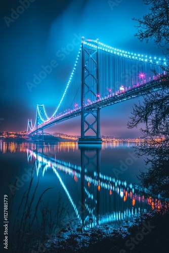 A city bridge illuminated with sparkling blue and white lights, reflecting off the calm river below, the sky, Generative AI 