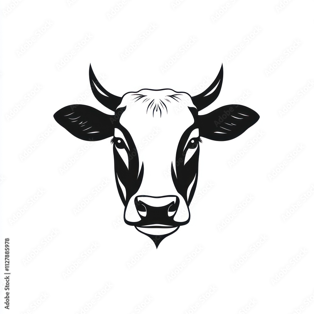 Black and white illustration of a cow's head. (2) Black and white illustration of a cow's head. (2)