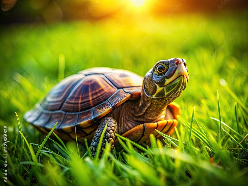 Obraz premium Cute reptile basks in summer sun, its shell gleaming against the green.