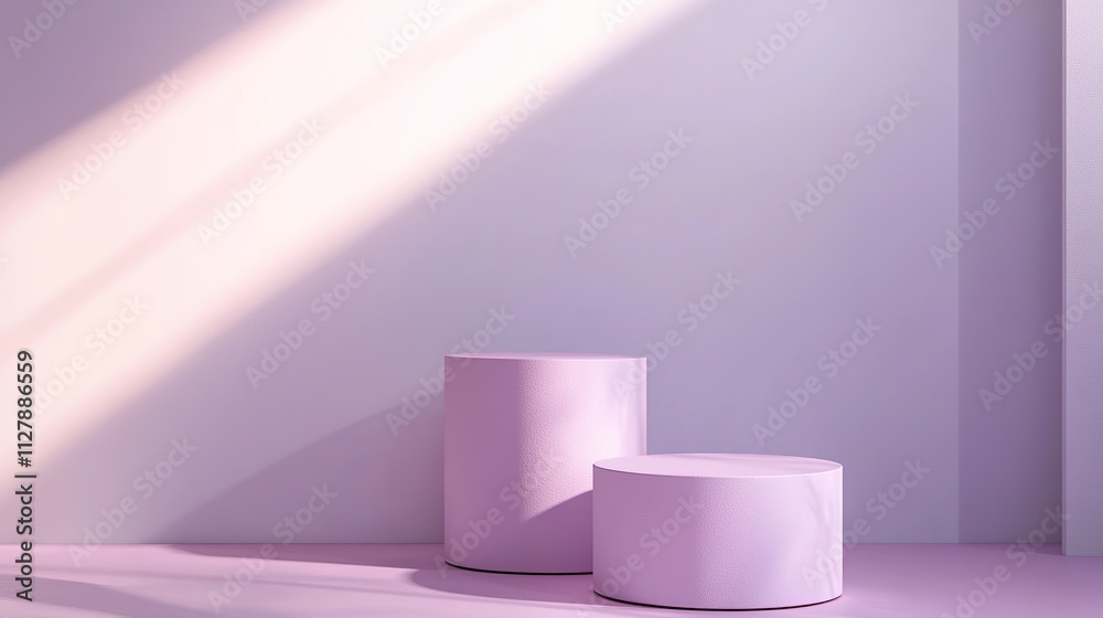 Two pastel pink cylindrical display stands in a sunlit room. Two pastel pink cylindrical display stands in a sunlit room.
