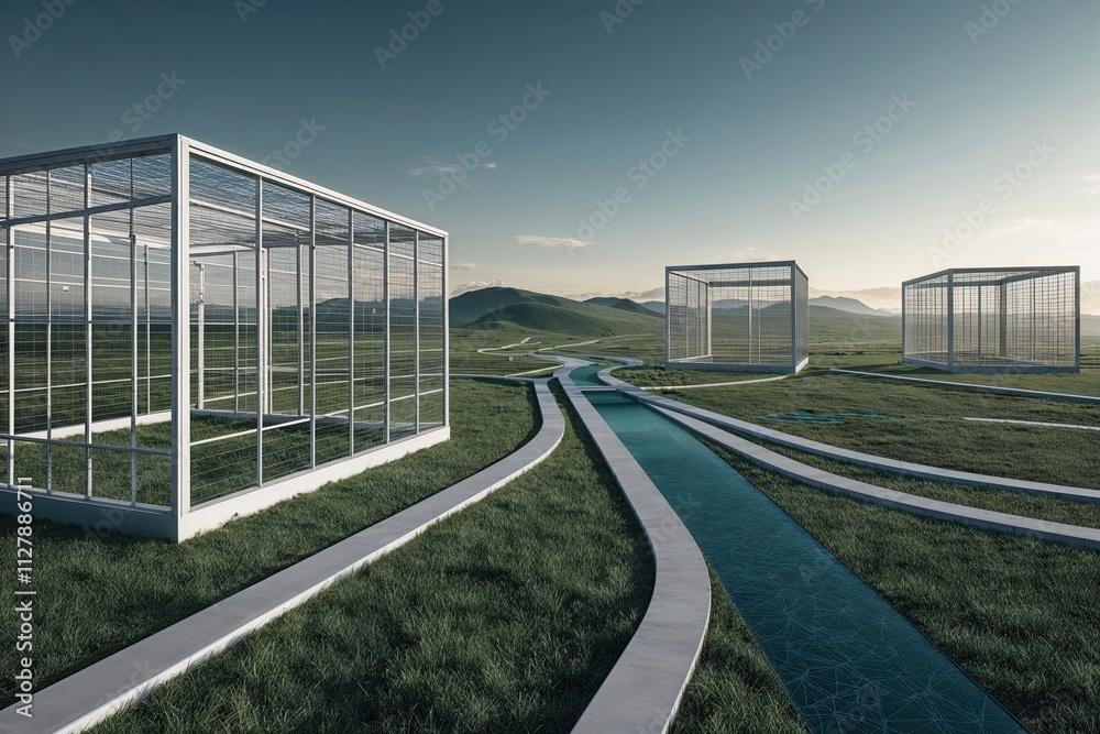Obraz premium Dynamic Geometric Structures and Pathways Exploring Connectivity and Convergence in Digital Landscape Design