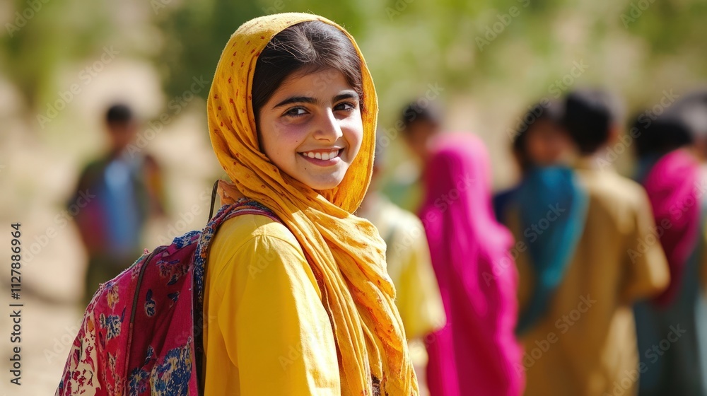 Fototapeta premium Smiling girl, yellow scarf, backpack, school children.