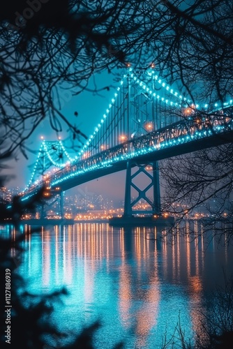 A city bridge illuminated with sparkling blue and white lights, reflecting off the calm river below, the sky, Generative AI 