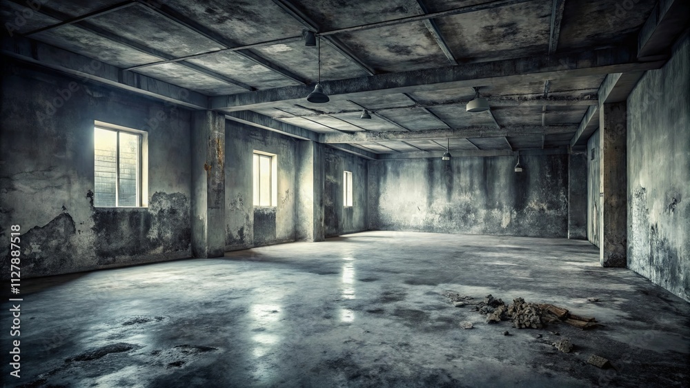 A desolate, forgotten interior space with aged concrete walls and floor, featuring weathered windows and hanging lamps; a scene of quiet decay and industrial abandonment. A desolate, forgotten interior space with aged concrete walls and floor, featuring weathered windows and hanging lamps; a scene of quiet decay and industrial abandonment.