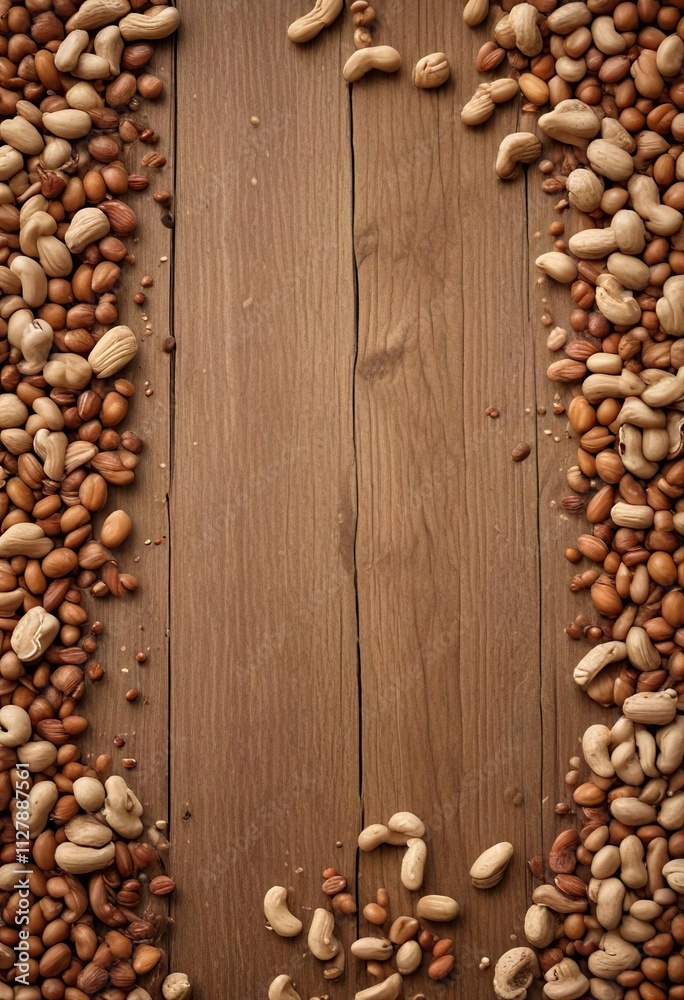 Wooden planks with a layer of peanuts scattered across them, creating a natural and earthy feel , agriculture, wood grain Wooden planks with a layer of peanuts scattered across them, creating a natural and earthy feel , agriculture, wood grain