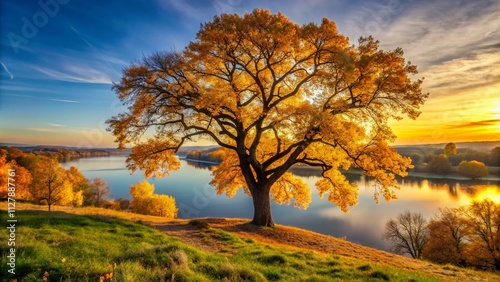 Silhouette of a Young Oak Tree with Autumn Leaves Overlooking the Oka River in Central Park, Nizhny Novgorod at Sunset, Capturing the Beauty of Fall Foliage in Nature photo