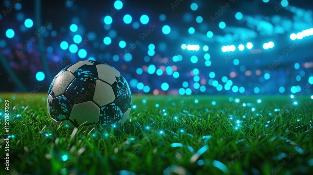 Fototapeta premium A glowing soccer ball on a vibrant, illuminated field.