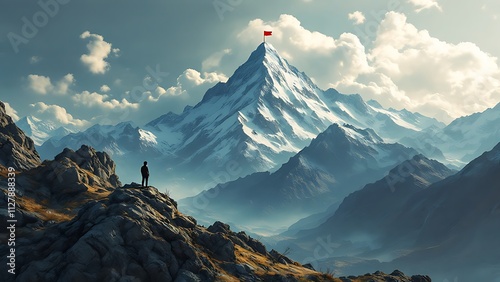 Business success challenge and climbing a high mountain metaphor as a businessman with a goal of retreiving a red flag from the peak or summit