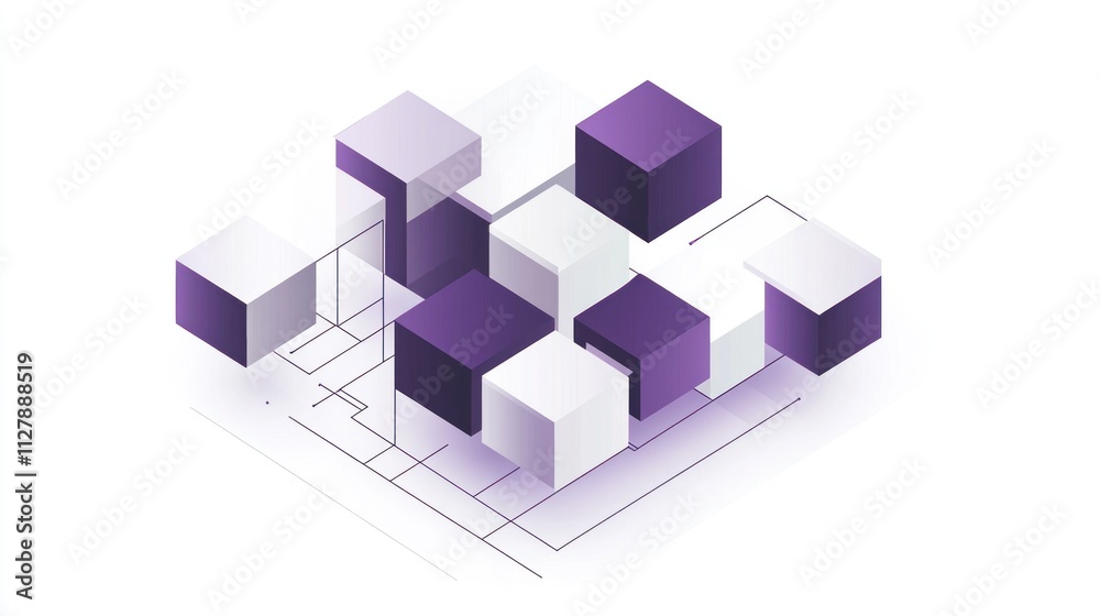 Abstract 3D isometric illustration of interconnected purple and white cubes on a network. Abstract 3D isometric illustration of interconnected purple and white cubes on a network.