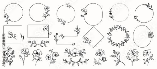 hand drawn simple Frame line wreath with flower and leaf branch for wedding banner ,logo template	